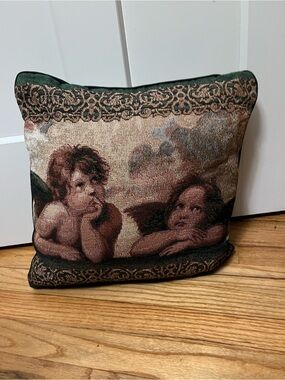 Vintage 90s Raphael Cherubs Woven Tapestry Pillow 15x15 Renaissance Angelcore